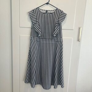 Houndstooth‎ Midi Dress Womens 1X Curvy Ruffle Sleeves A Line Black White